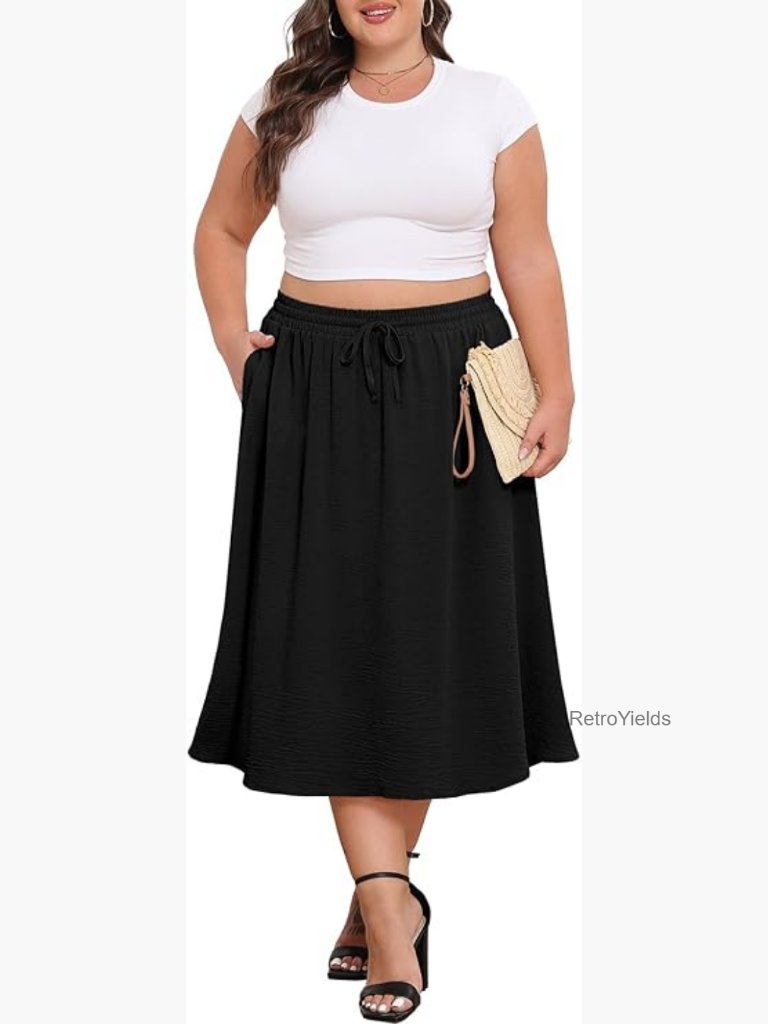 Plus Size Midi Skirt High Waisted Flowy A-Line With Pockets